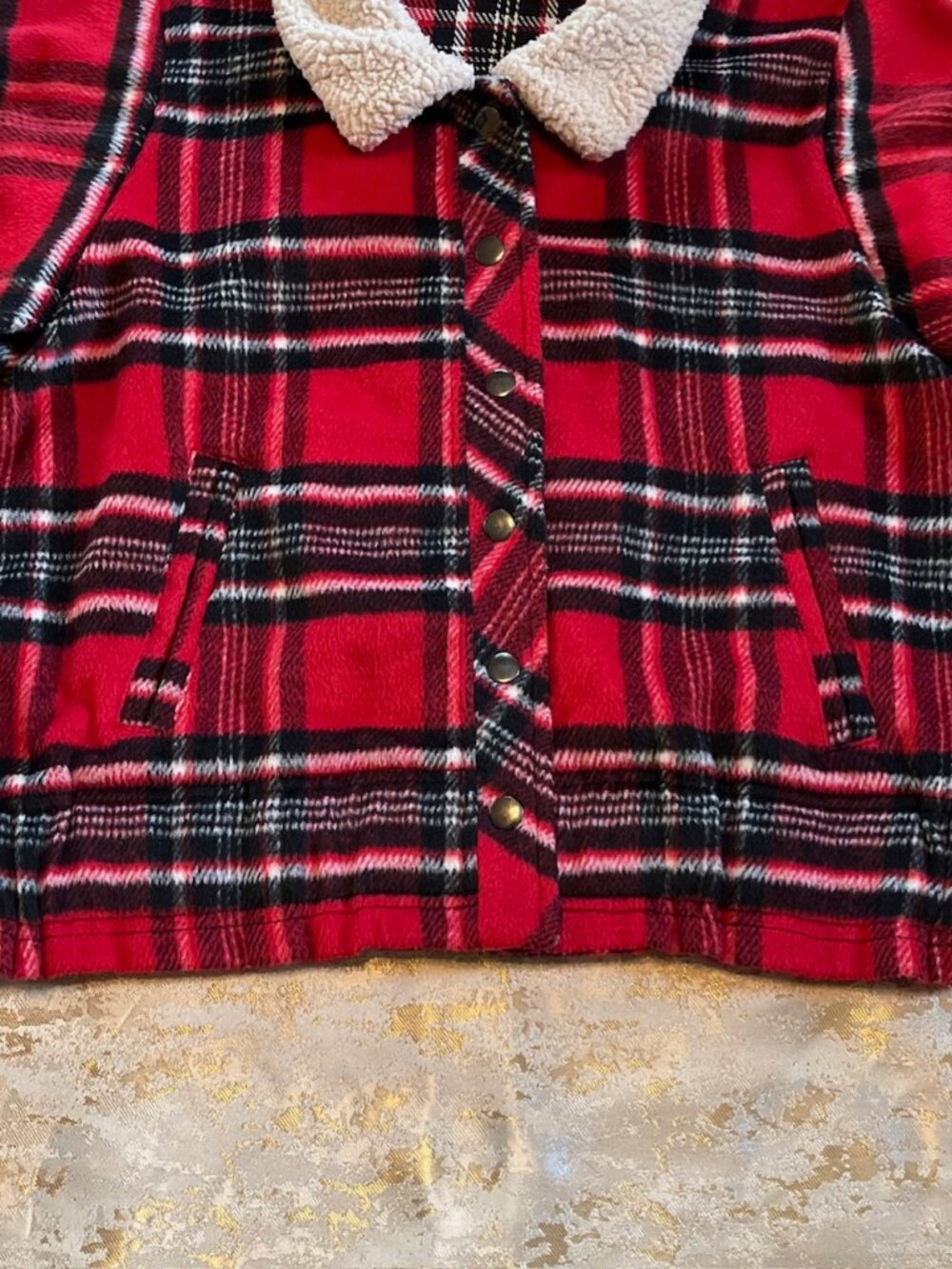 Christopher & Banks Fleece Jacket Womans Small Red Black Plaid Faux Fur Collar - Picture 5 of 15
